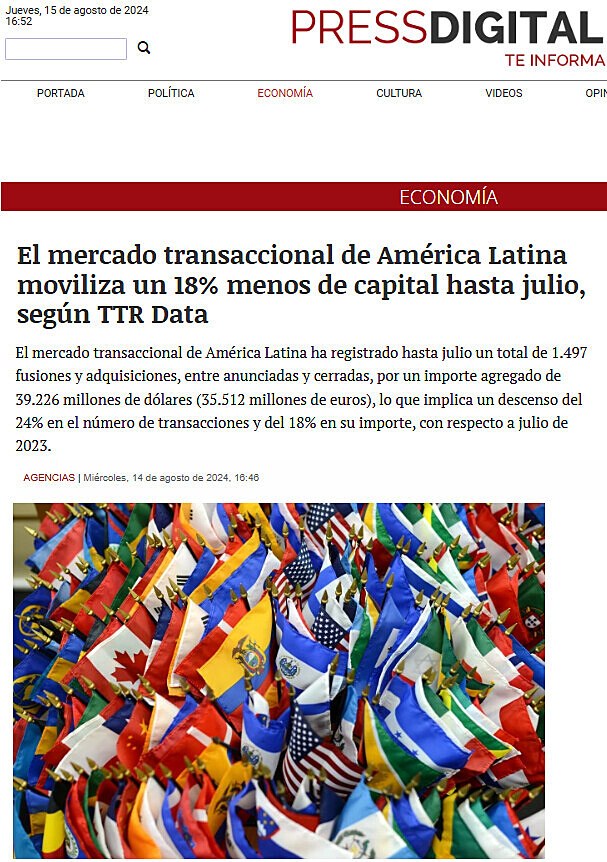 El mercado transaccional de Amrica Latina moviliza un 18% menos de capital hasta julio, segn TTR Data